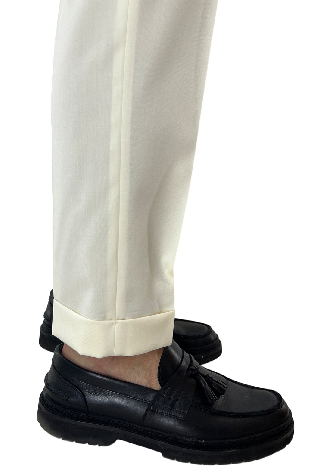 Pantalone uomo bianco vita alta tasca america in fresco lana 100% Vitale Barberis Canonico fibbie laterali e risvolto 4cm