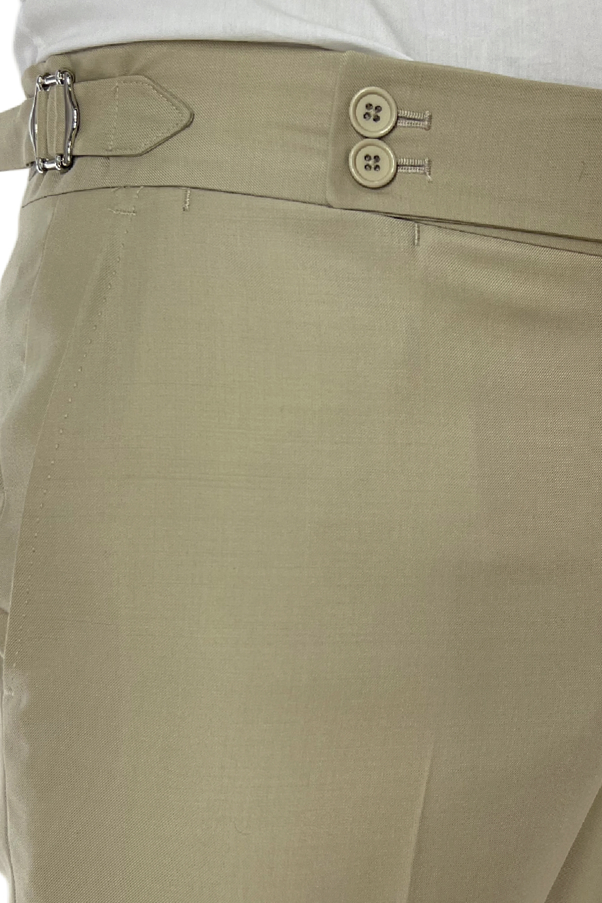 Pantalone uomo Beige vita alta tasca america in fresco lana 100% Vitale Barberis Canonico fibbie laterali e risvolto 4cm