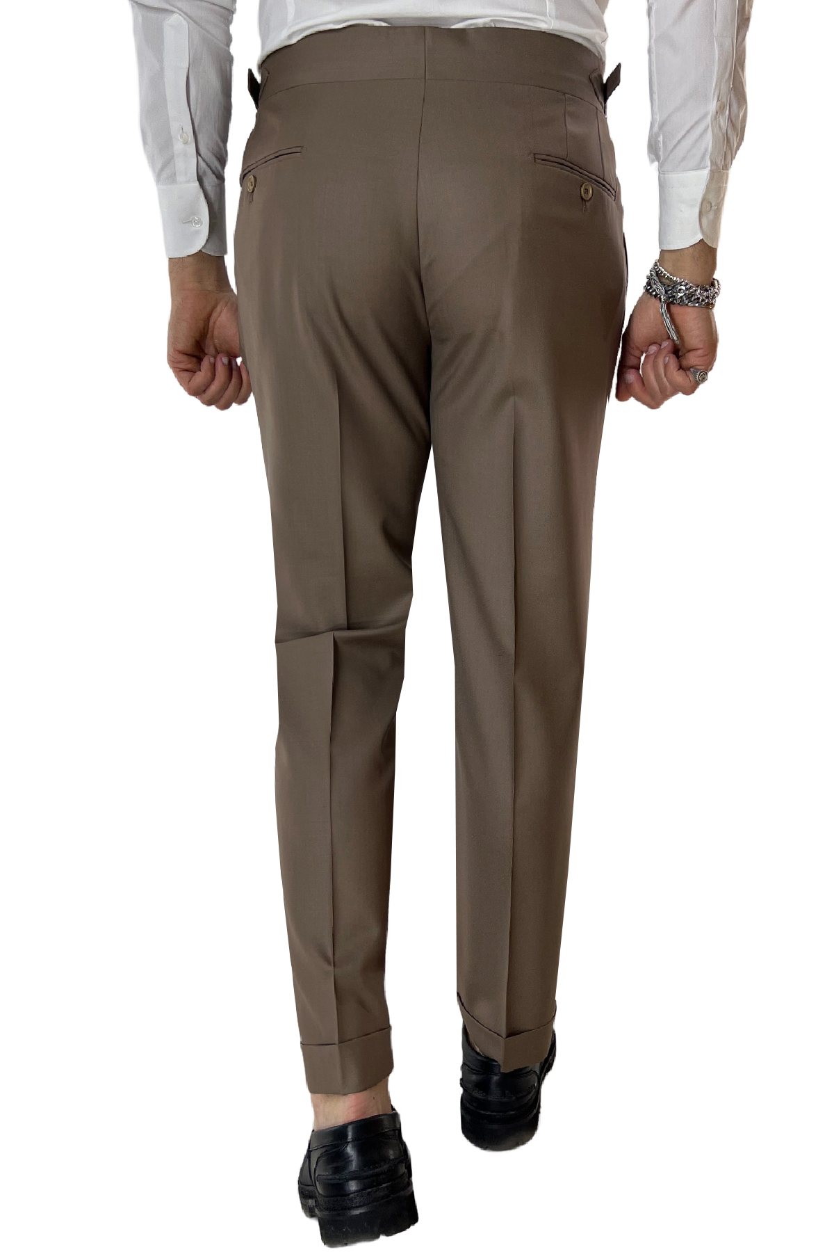 Pantalone uomo fango vita alta tasca america in fresco lana 100% Vitale Barberis Canonico fibbie laterali e risvolto 4cm