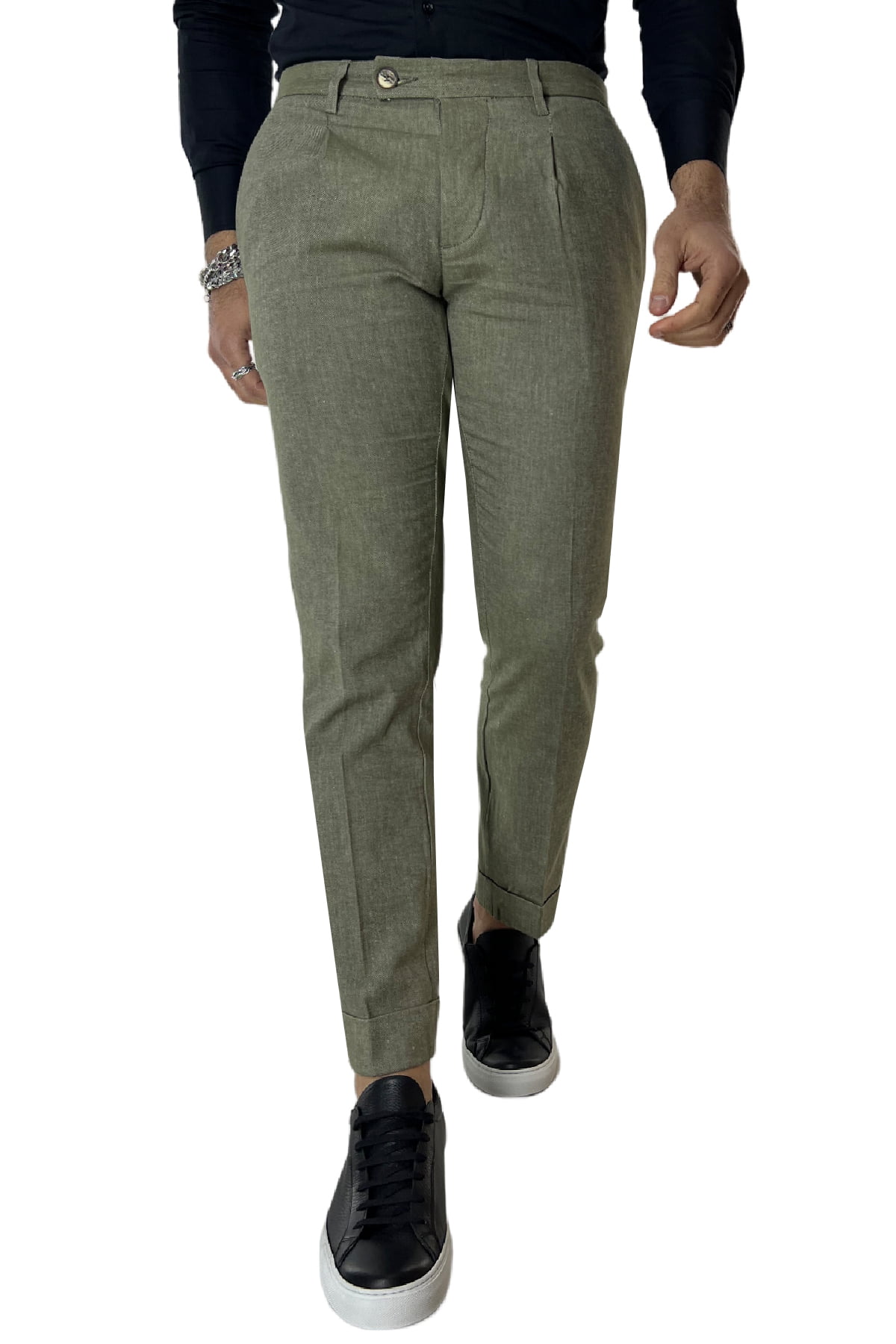 Pantalone uomo lino verde con una pence tasca america made in italy