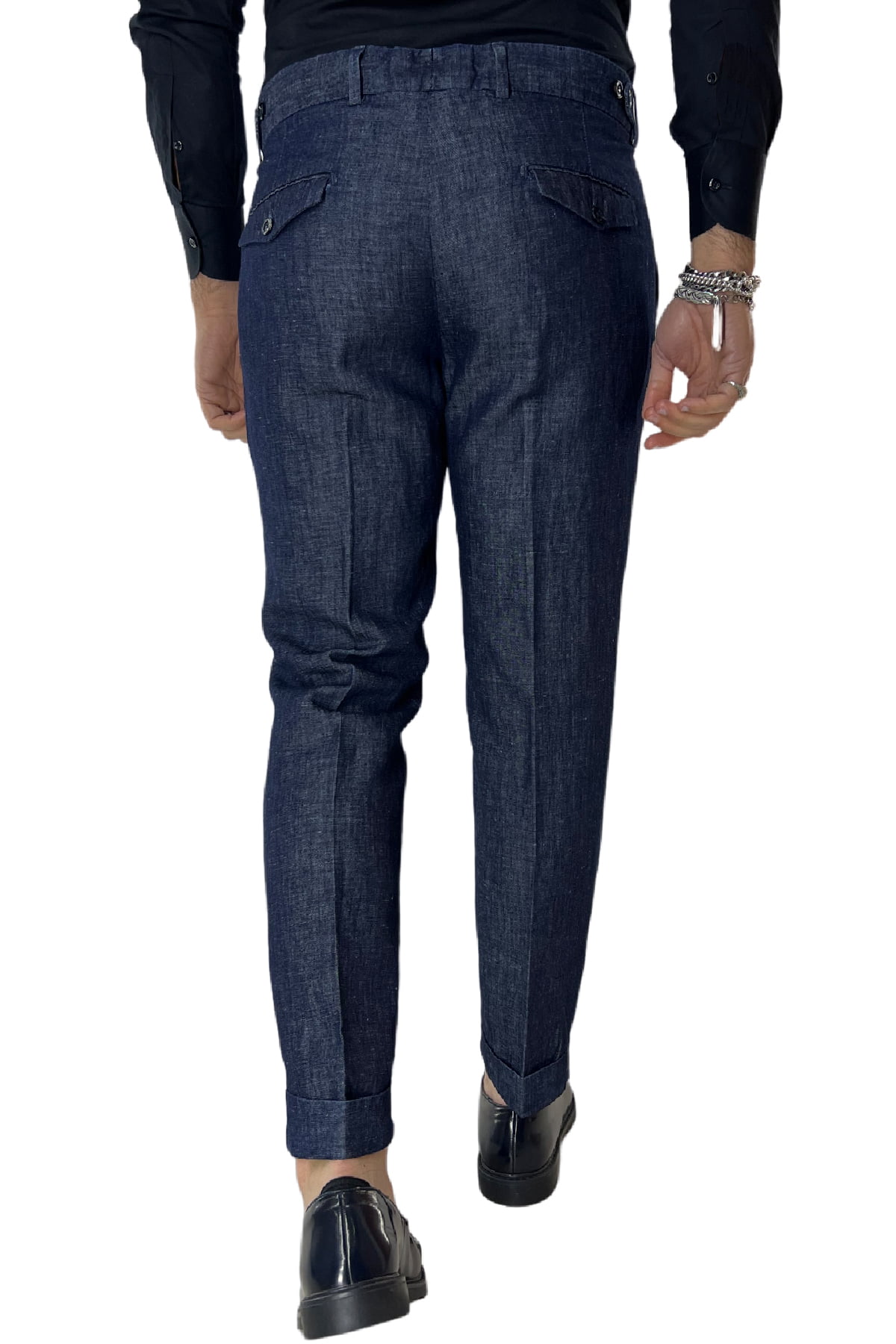 Pantalone uomo lino blu con doppia pence tasca america made in italy