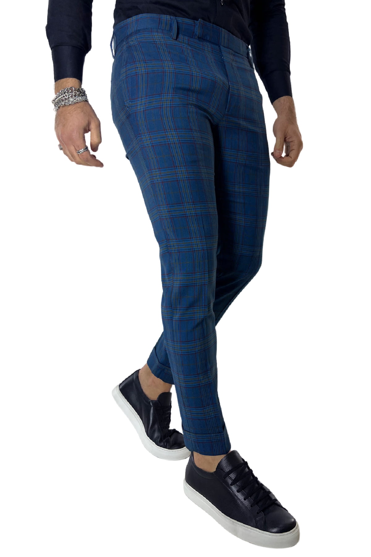 Pantalone uomo scozzese blu tasca america made in italy