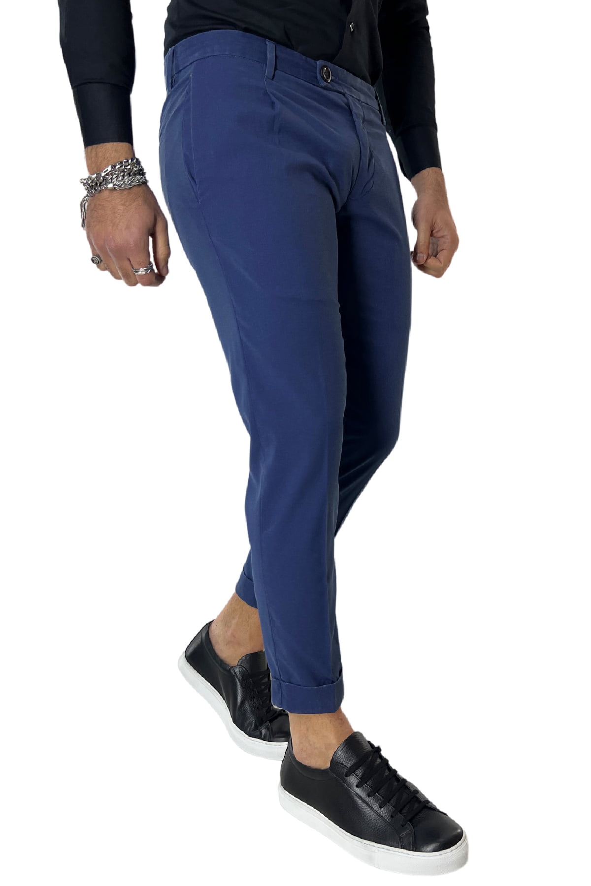 Pantalone uomo bluette in cotone tasca a filo slim fit sartoriale con pence