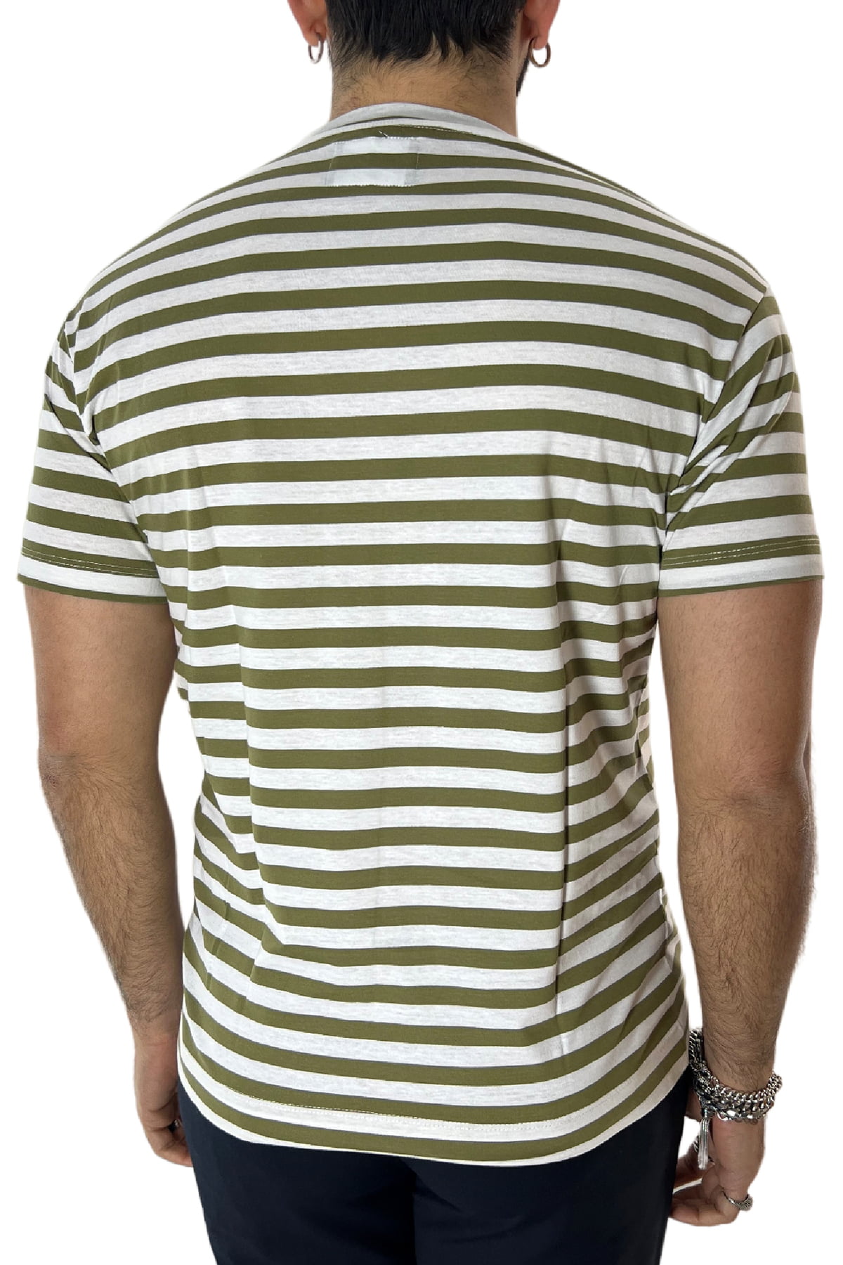 T-shirt scollo a v da uomo verde rigata mezze maniche slim fit made in italy
