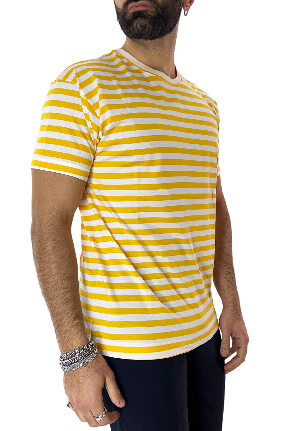 T-shirt girocollo da uomo gialla rigata mezze maniche slim fit made in italy