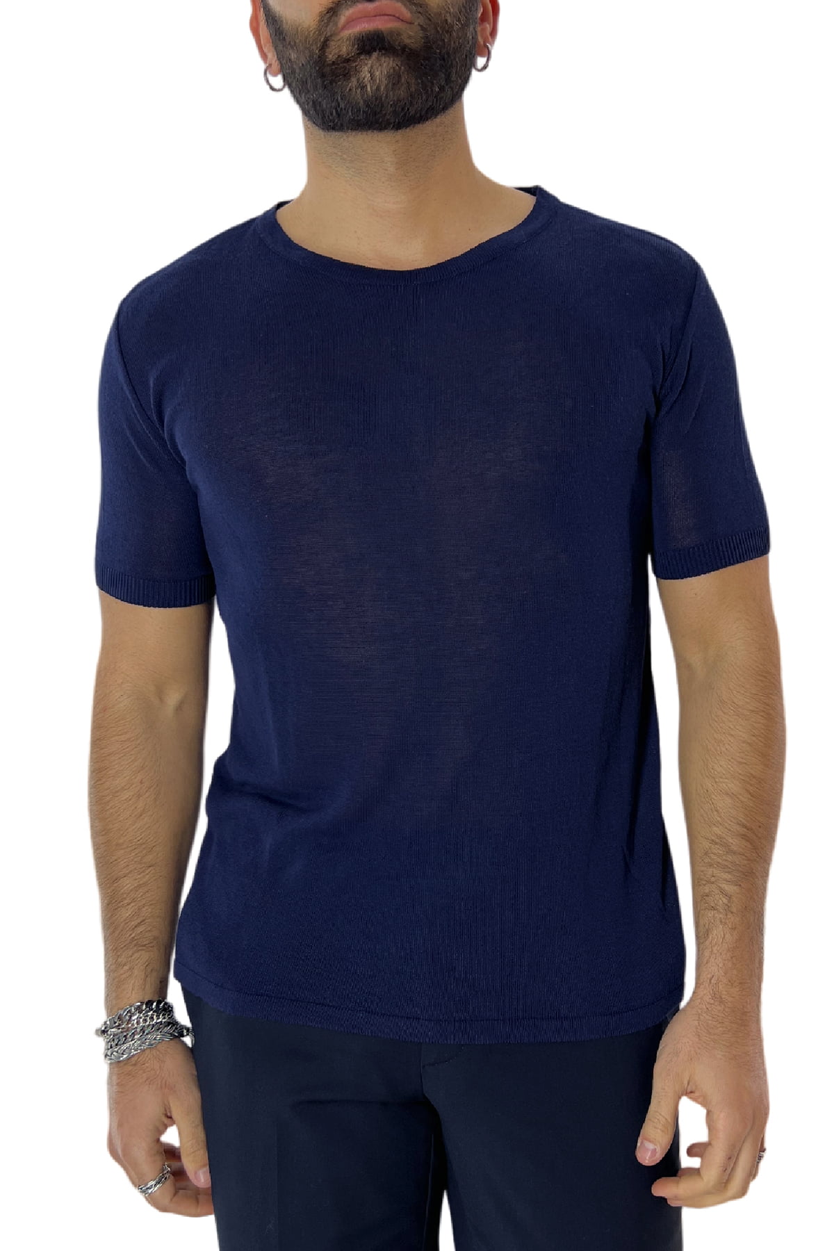 T-shirt uomo Blu in viscosa mezze maniche scollo largo made in italy