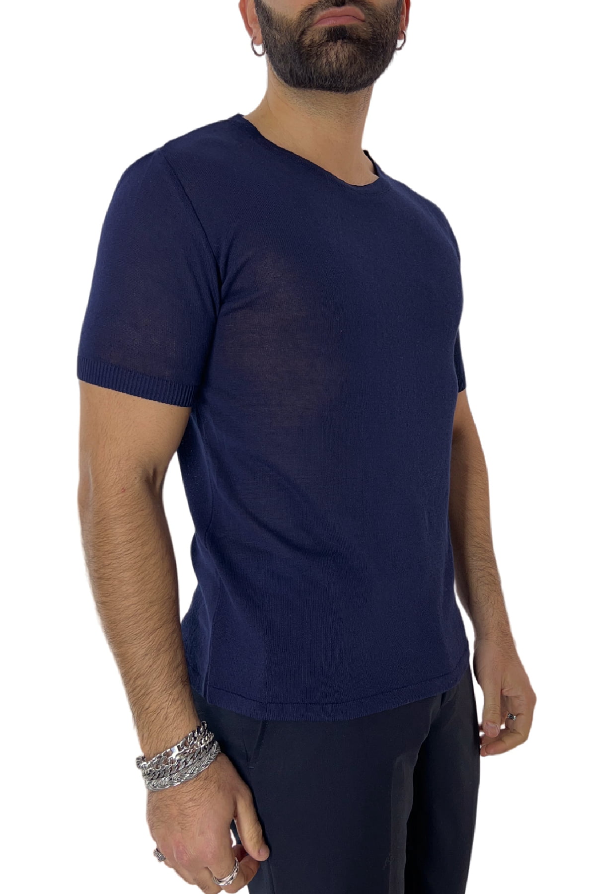 T-shirt uomo Blu in viscosa mezze maniche scollo largo made in italy