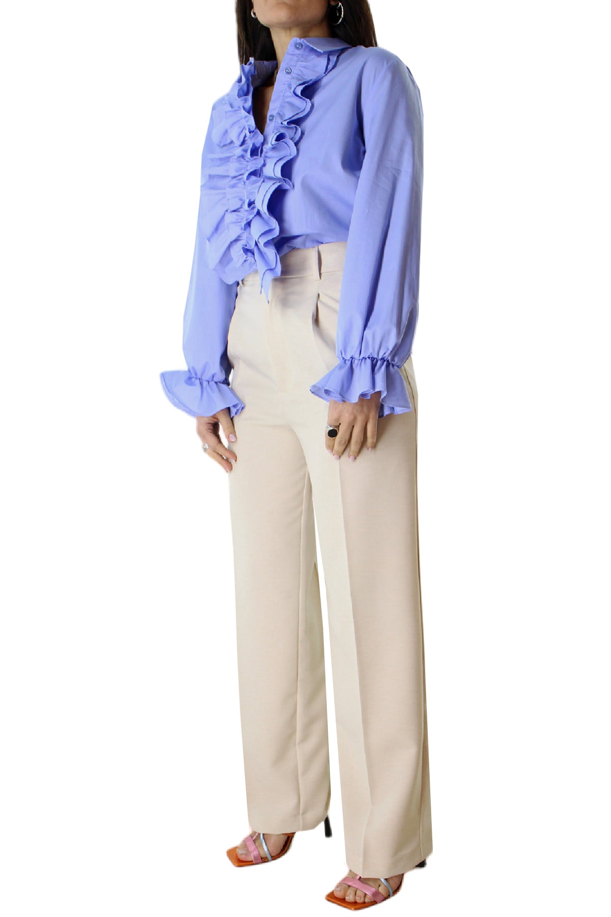 Camicia donna in cotone morbido con rouches davanti e polso vestibilita comoda