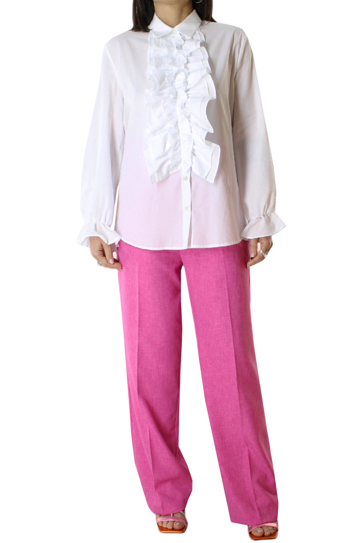 Camicia donna in cotone morbido con rouches davanti e polso vestibilita comoda