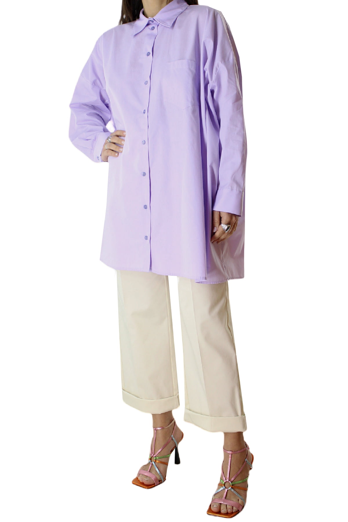 Camicia donna in cotone lunga vestibilita oversize con tasca sul davanti