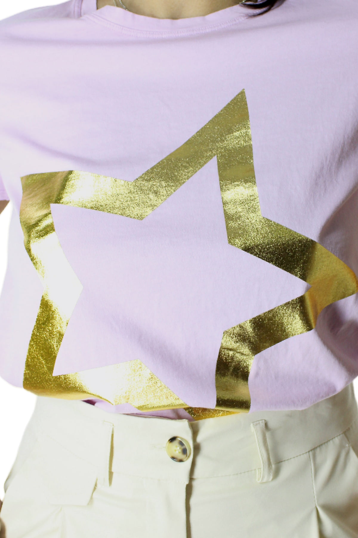 T-shirt donna in cotone oversize girocollo vestibilita oversize logo stella materiale metal oro