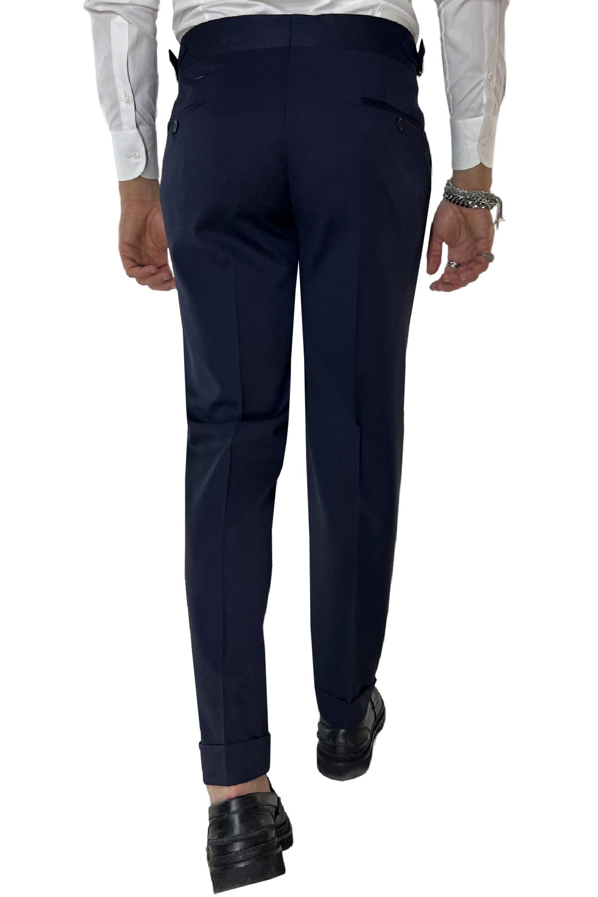 Pantalone uomo Blu Navy vita alta tasca america in fresco lana 100% Vitale Barberis Canonico fibbie laterali e risvolto 4cm