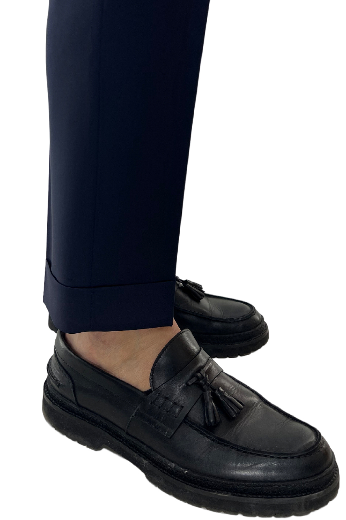 Pantalone uomo Blu Navy vita alta tasca america in fresco lana 100% Vitale Barberis Canonico fibbie laterali e risvolto 4cm
