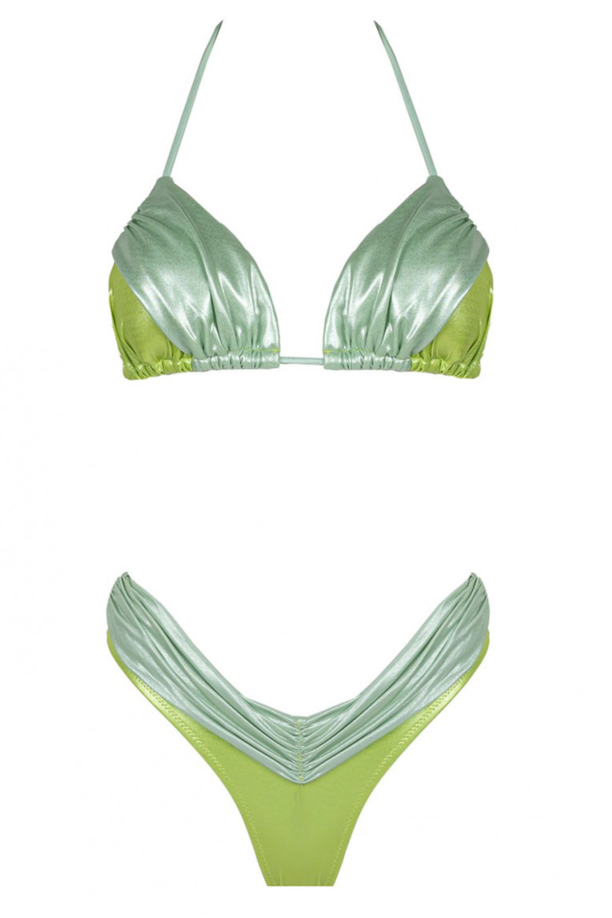 Bikini donna top a triangolo con drappeggio su coppa e slip brasiliana a V con laterali alti