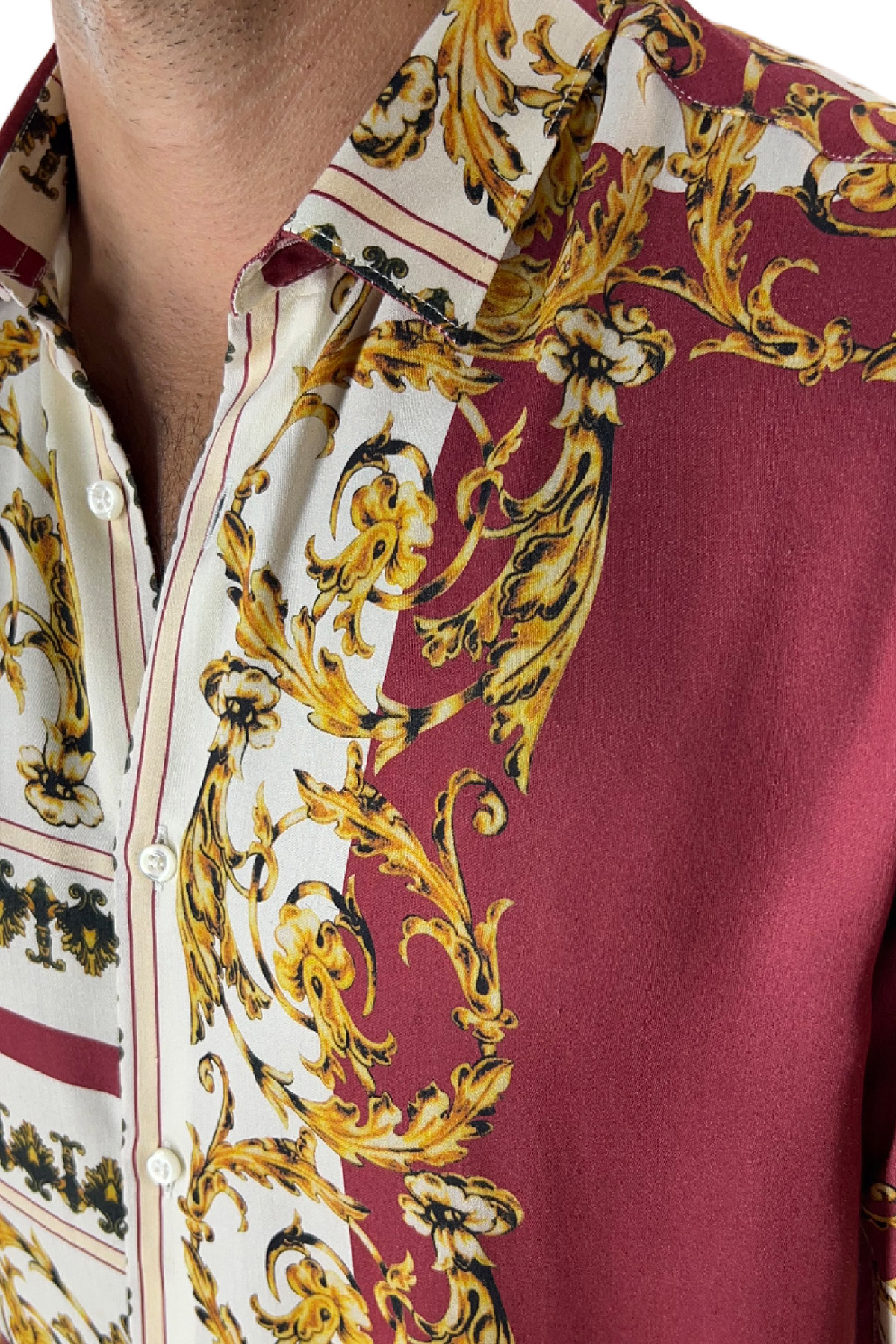 Camicia Uomo In Viscosa fantasia barocca Bordeaux vestibilita comoda Collo Italiano