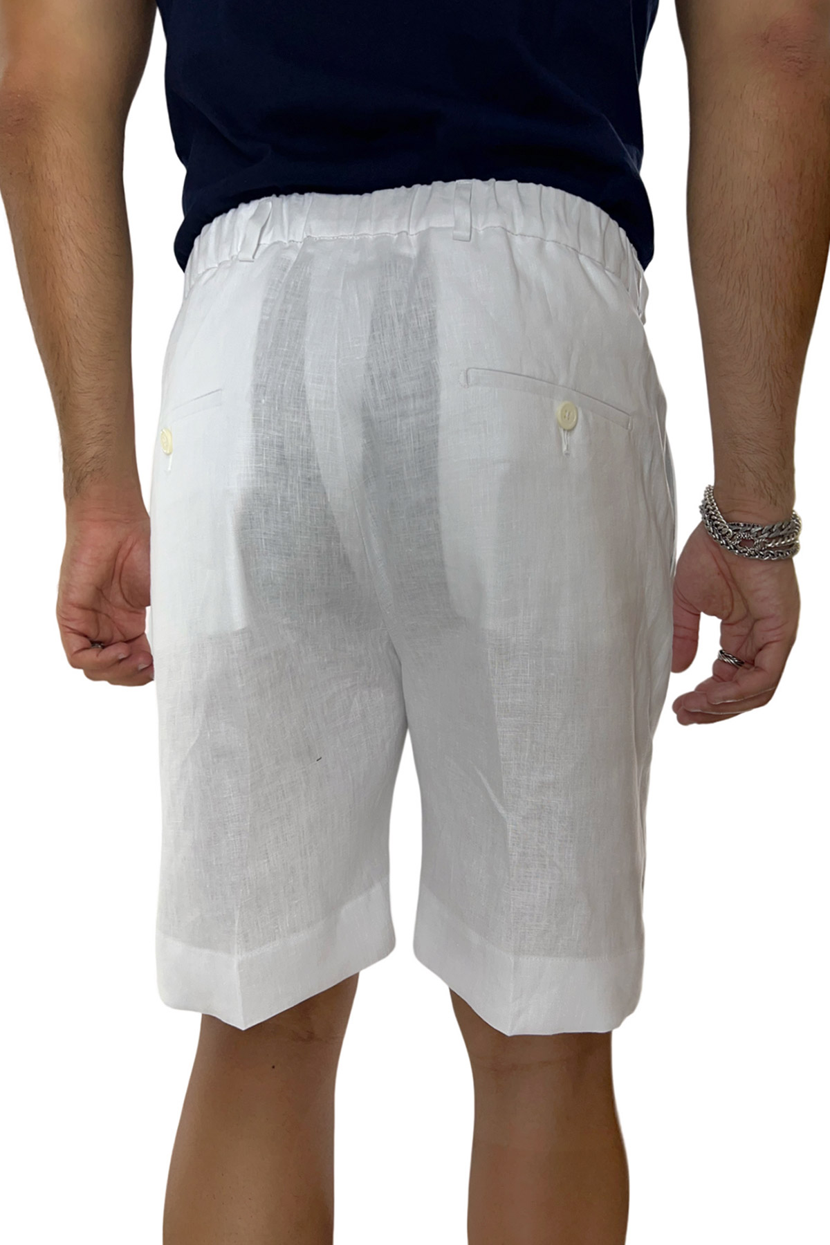 Bermuda uomo bianco in lino 100% con mezza coulisse doppia pinces e tasca america