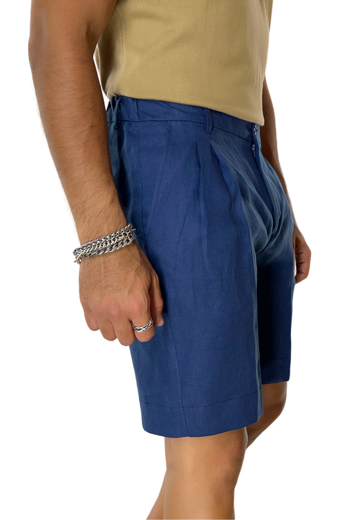 Bermuda uomo blu in lino 100% con mezza coulisse doppia pinces e tasca america