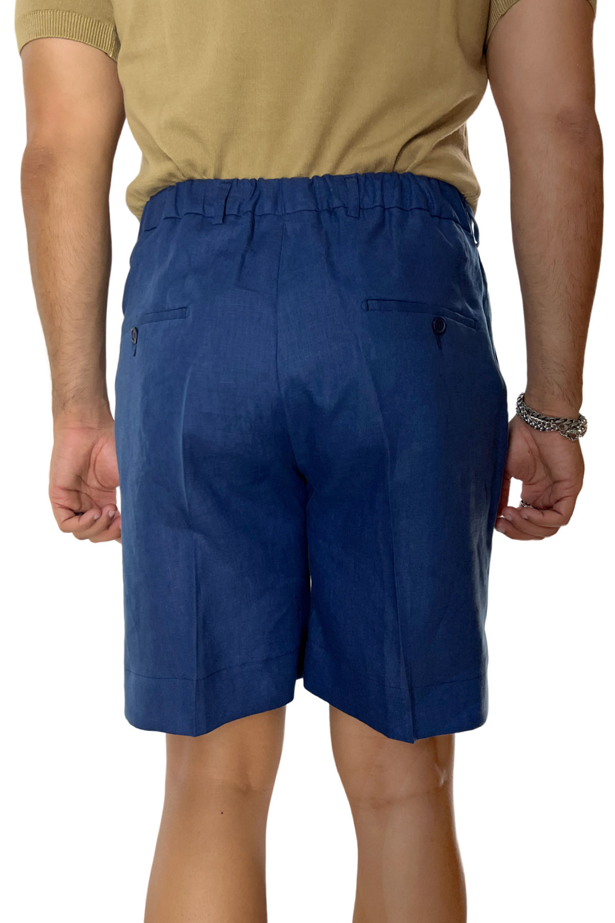 Bermuda uomo blu in lino 100% con mezza coulisse doppia pinces e tasca america
