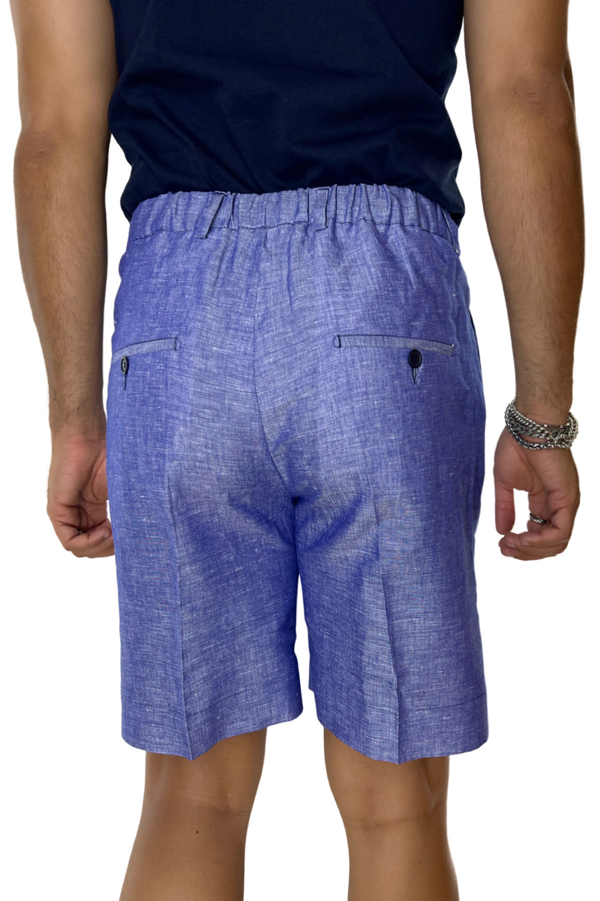 Bermuda uomo royal blu in lino e cotone con mezza coulisse doppia pinces e tasca america
