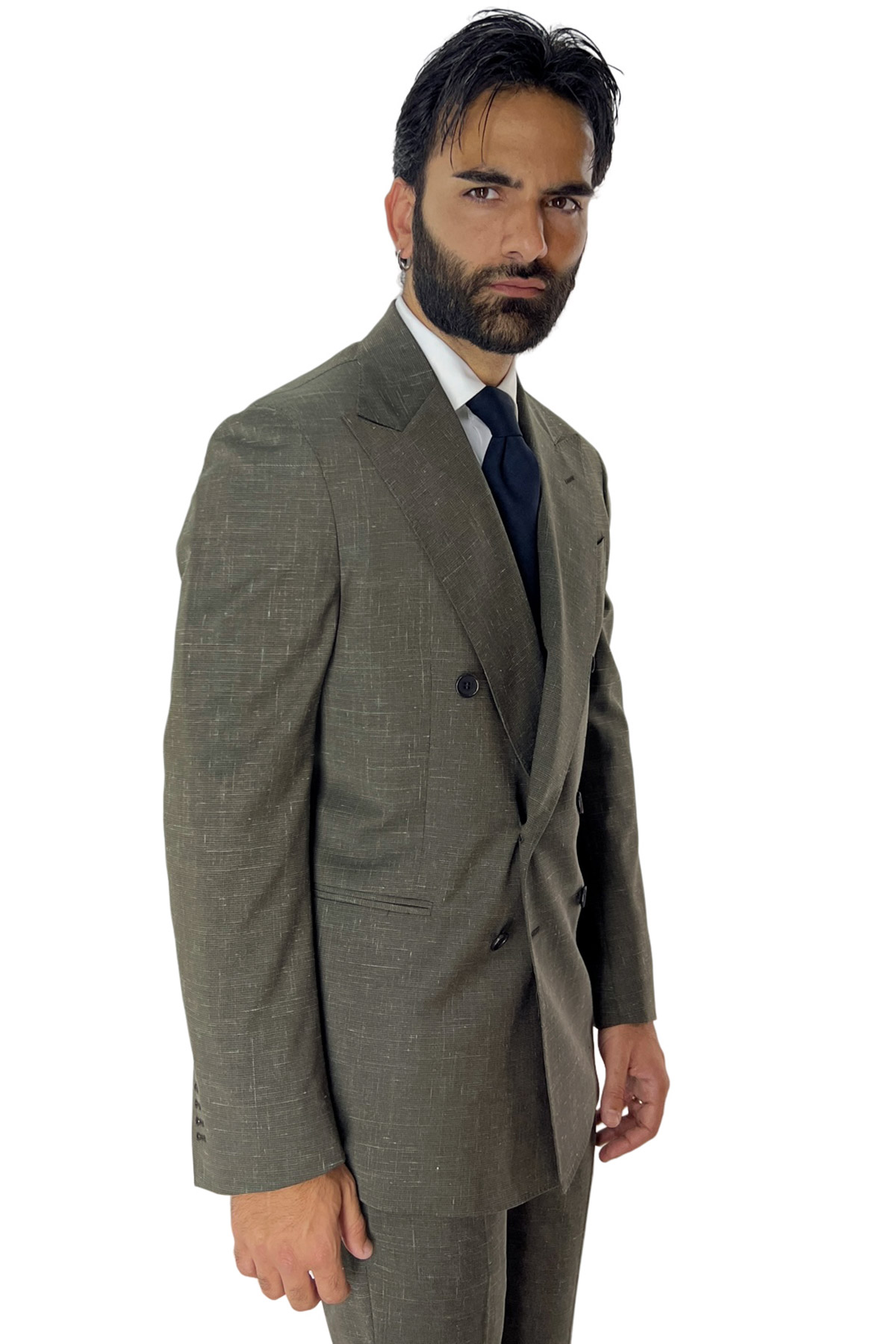Abito uomo doppiopetto verde militare fantasia pied de poule fresco lana mista Rever a lancia 13cm con pantalone una pinces vestibilita slim Carillo Moda Abbigliamento uomo e donna scarpe e accessori