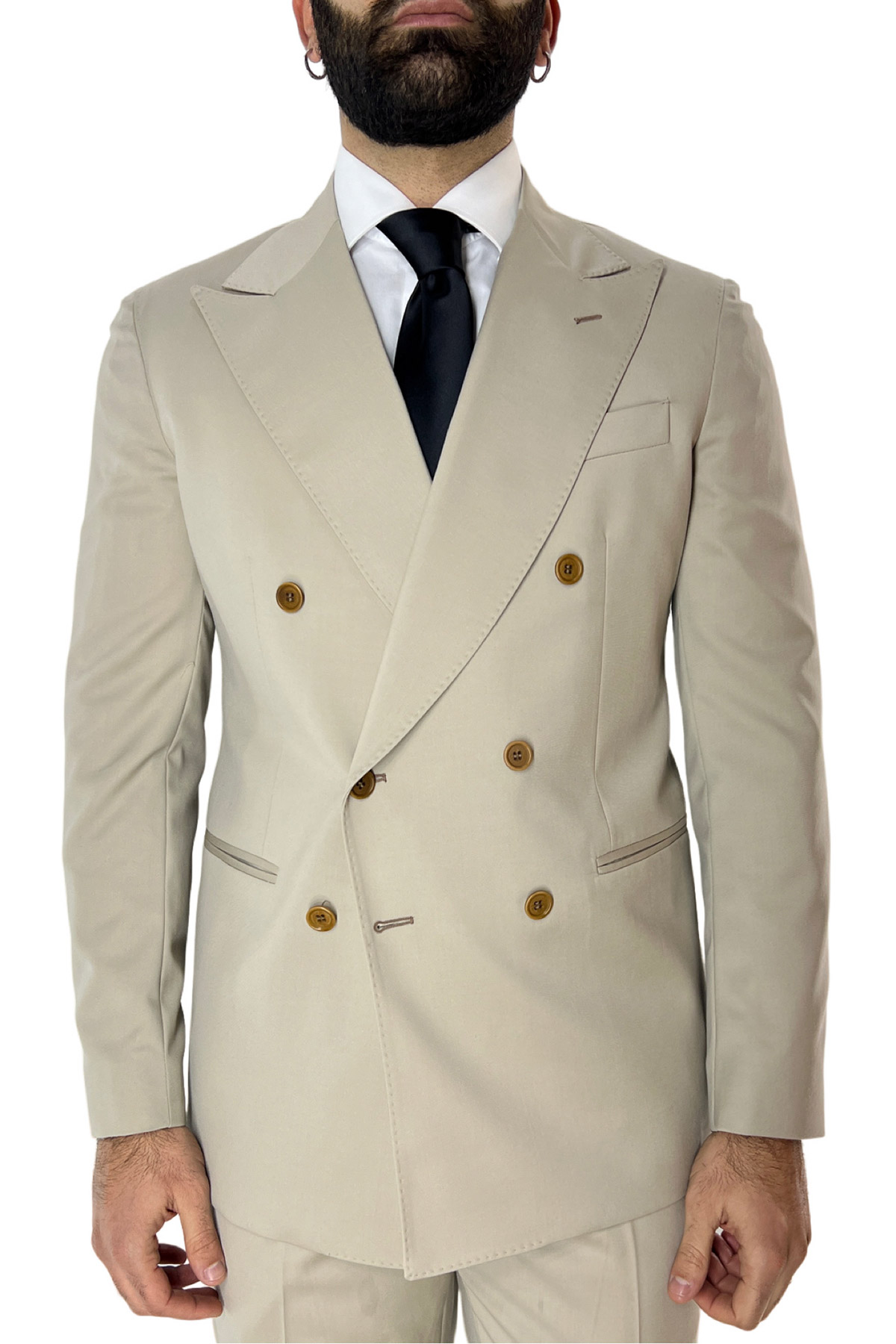 Abito uomo beige con giacca doppiopetto e pantalone slim fit in fresco lana super 130's Vitale Barberis Canonico