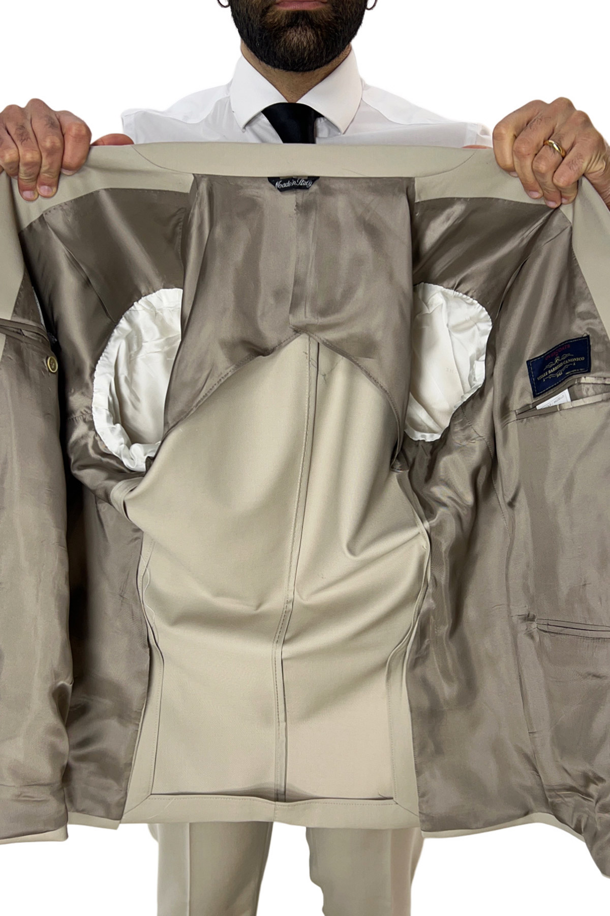 Abito uomo beige con giacca doppiopetto e pantalone slim fit in fresco lana super 130's Vitale Barberis Canonico