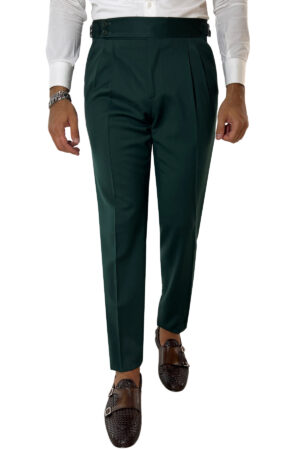 Pantalone uomo verde bottiglia vita alta tasca america in fresco lana super 130's con fibbie laterali
