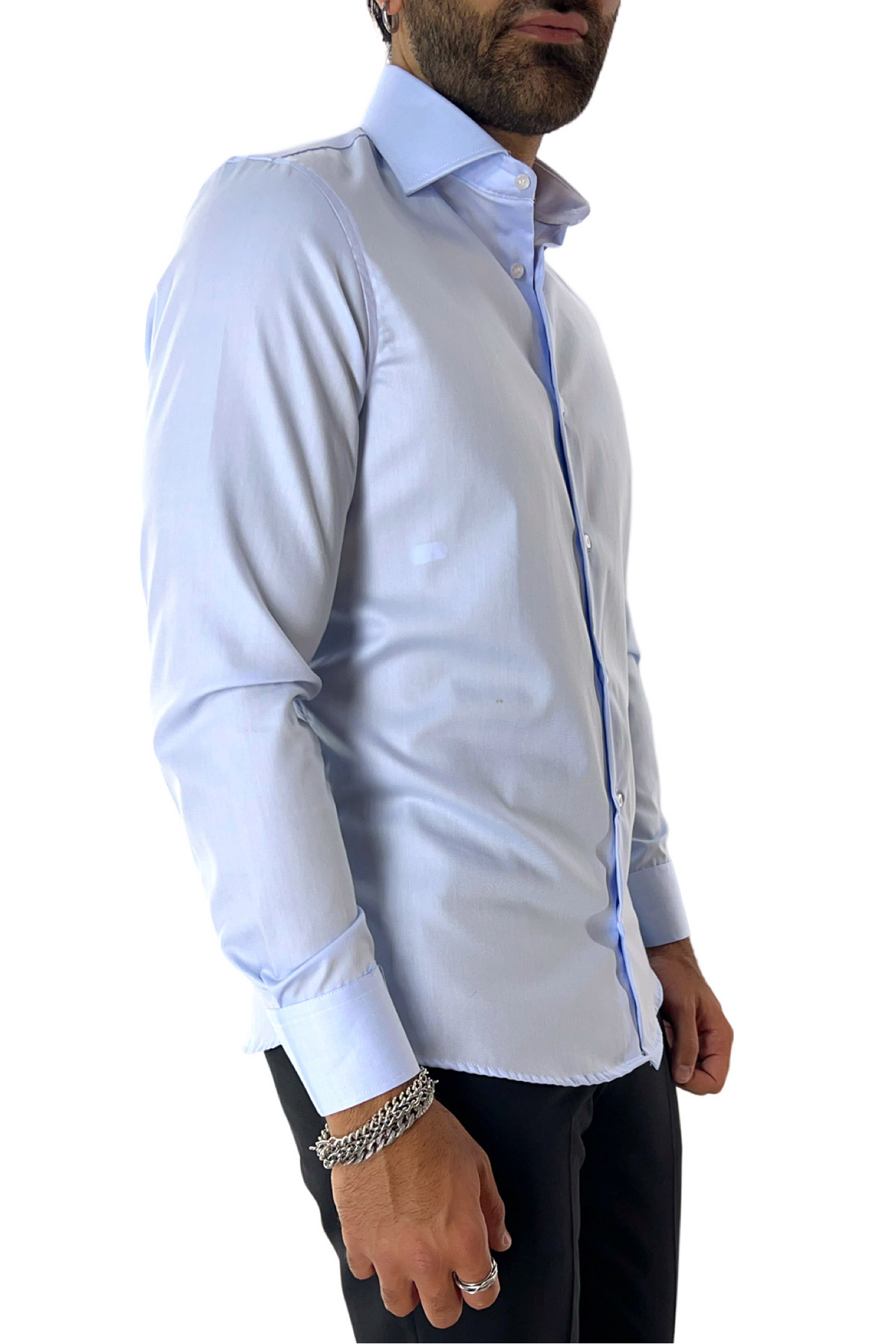 Camicia Uomo Slim fit 100% cotone morbido effetto microriga tono su tono Collo semi francese tinta unita