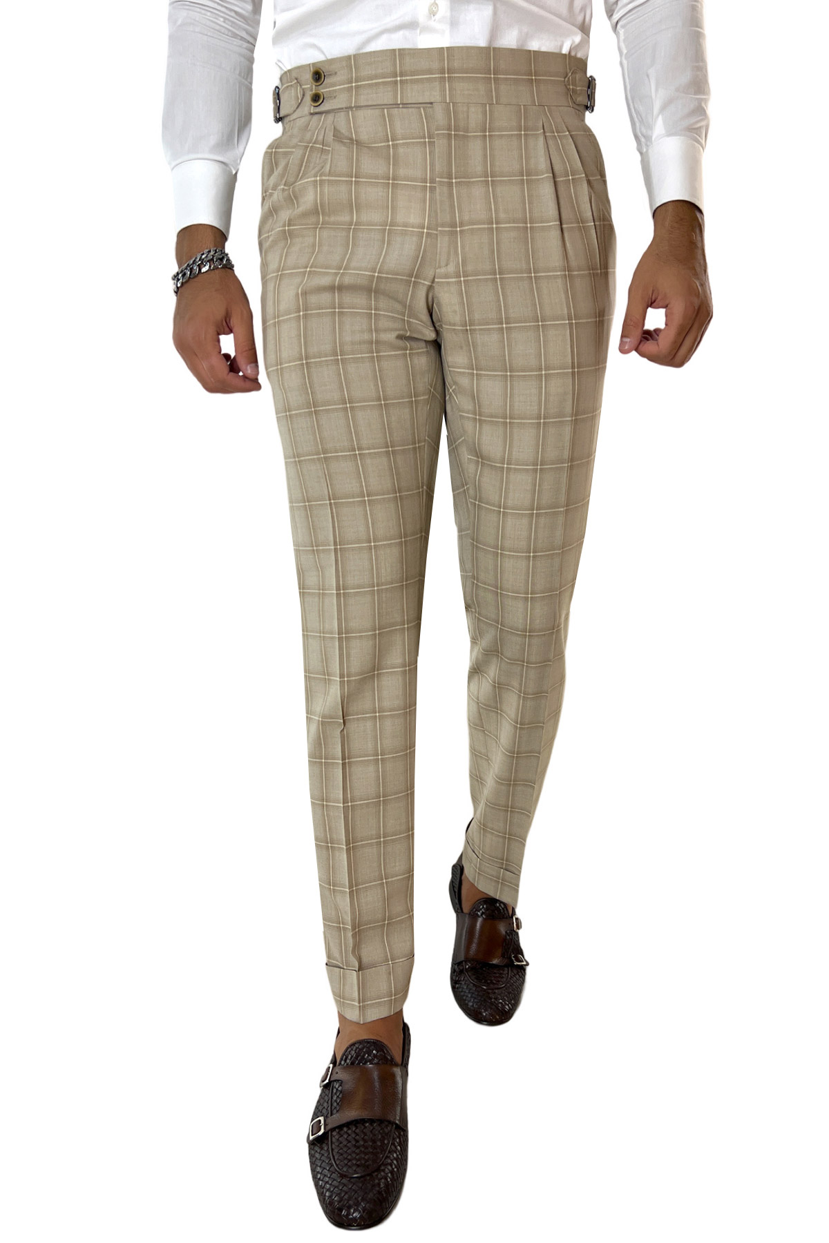 Pantalone uomo beige a quadri vita alta doppia pinces in fresco lana super 120's Holland & Sherry