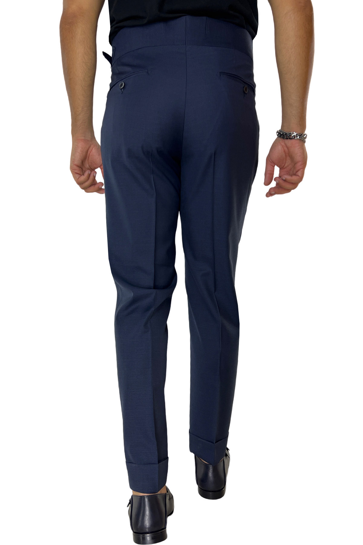 Pantalone uomo blu pied de poule vita alta modello biforcato in fresco lana super 120's Holland & Sherry