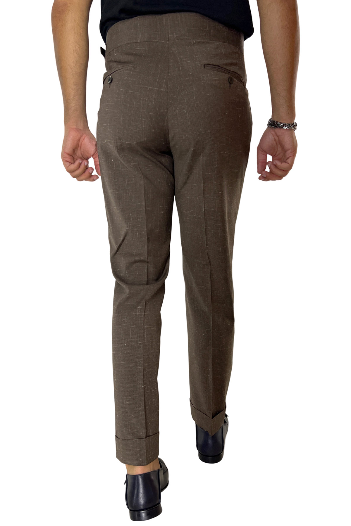 Pantalone uomo marrone pied de poule vita alta modello biforcato in fresco lana doppia pinces