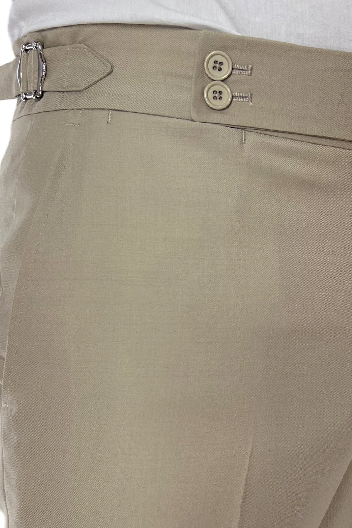 Pantalone uomo Beige vita alta tasca america in fresco lana 100% Vitale Barberis Canonico fibbie laterali e risvolto 4cm