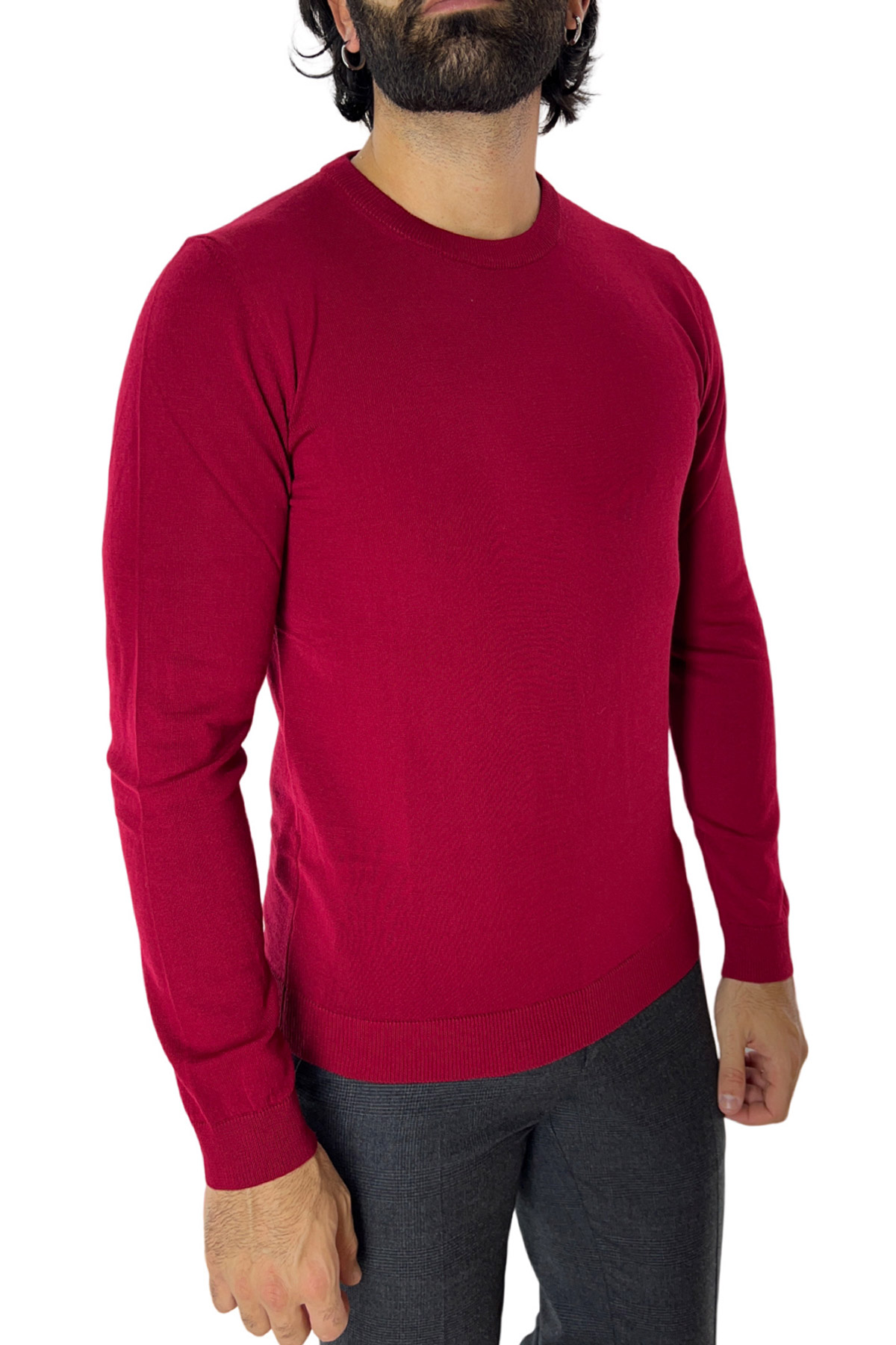 Maglioncino da uomo girocollo rosso in lana merinos slim fit made in italy tinta unita
