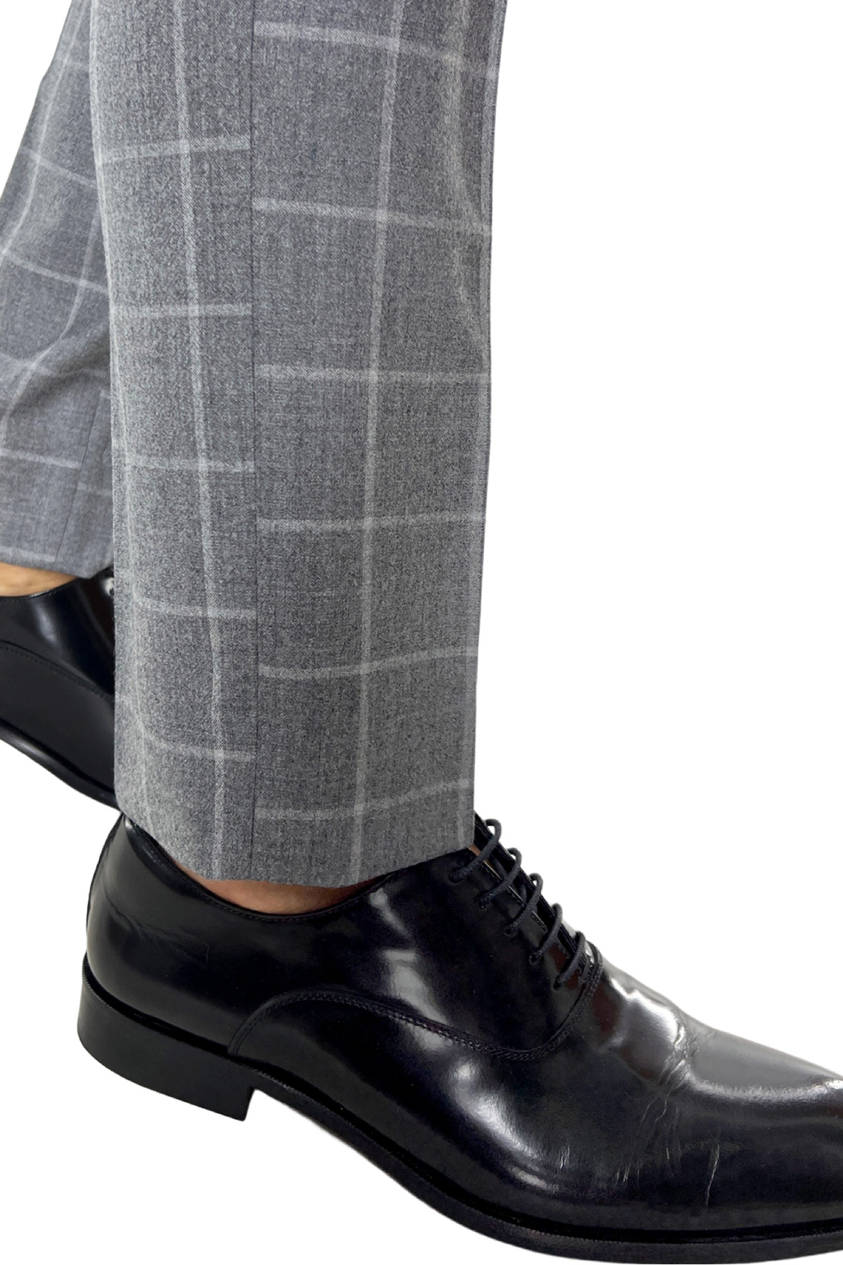 Pantalone uomo grigio a quadri in lana 100% tasca america orlo a mano