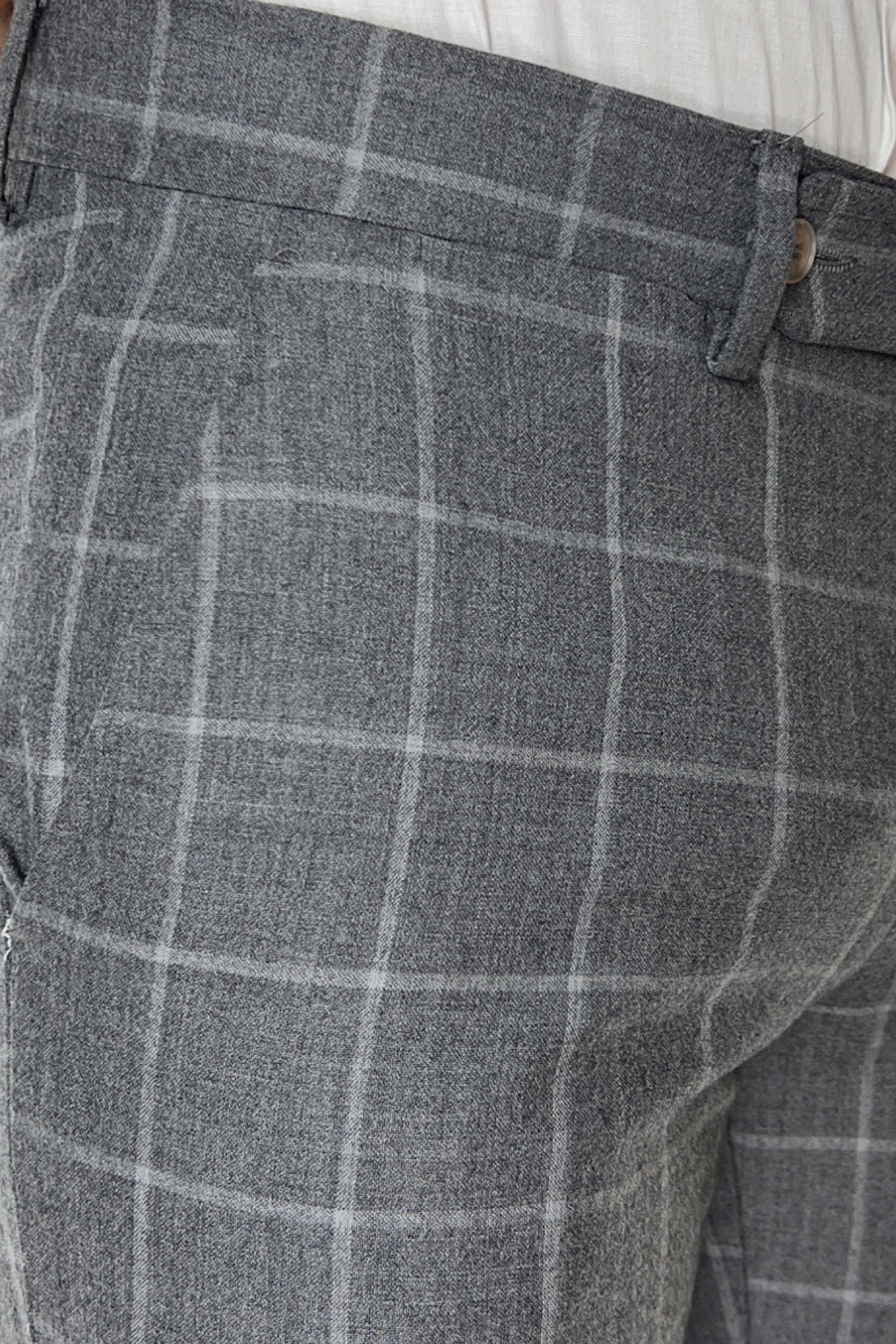 Pantalone uomo grigio a quadri in lana 100% tasca america orlo a mano