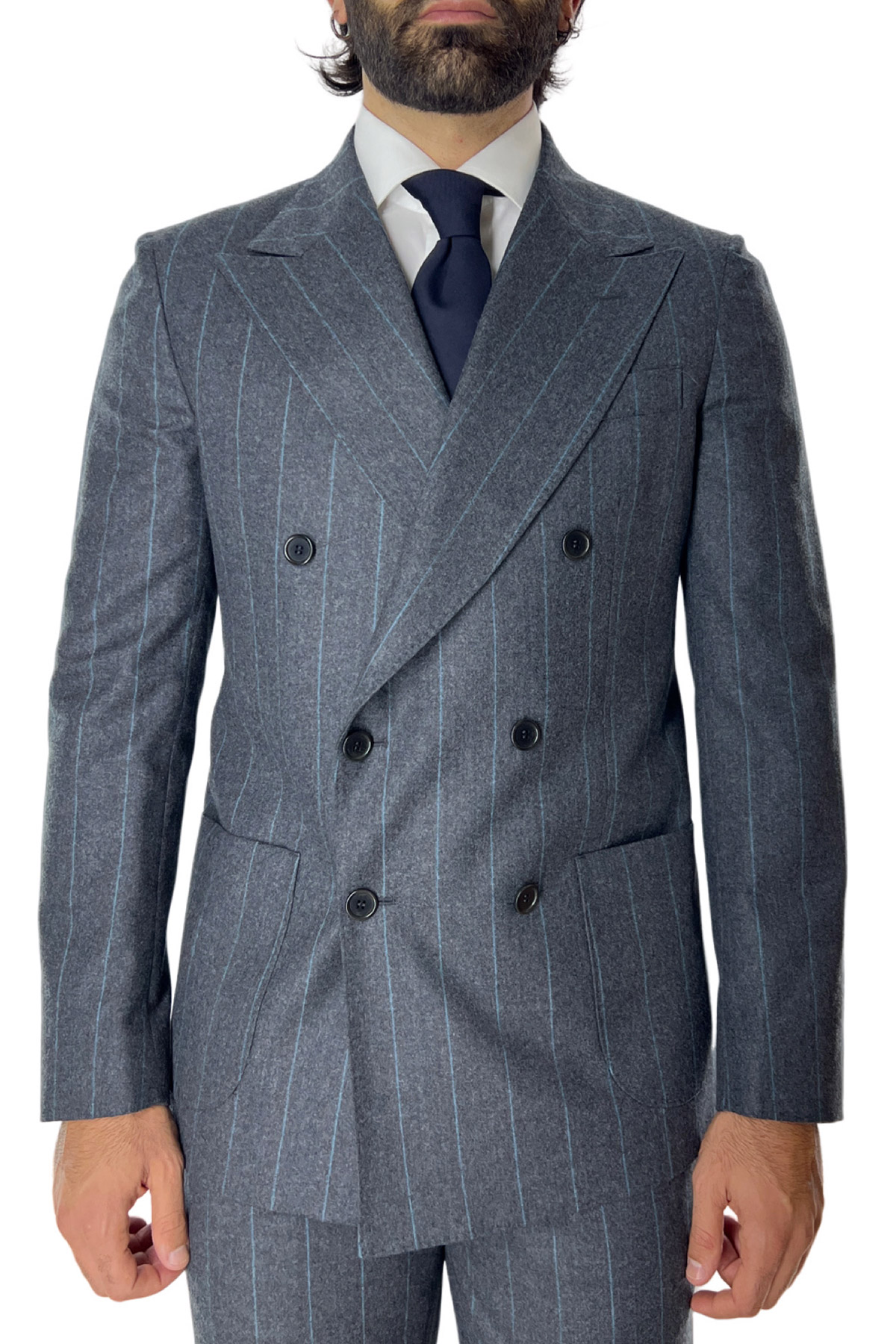 Abito uomo con giacca doppiopetto gessato grigio e pantalone slim fit tasca america in lana Vitale Barberis Canonico
