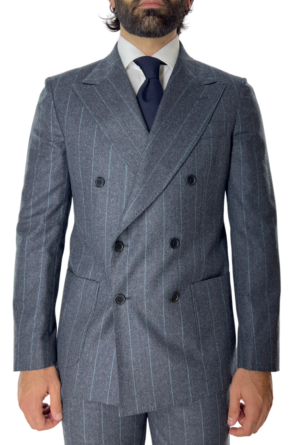 Abito uomo con giacca doppiopetto gessato grigio e pantalone slim fit tasca america in lana Vitale Barberis Canonico Carillo Moda Abbigliamento uomo e donna scarpe e accessori