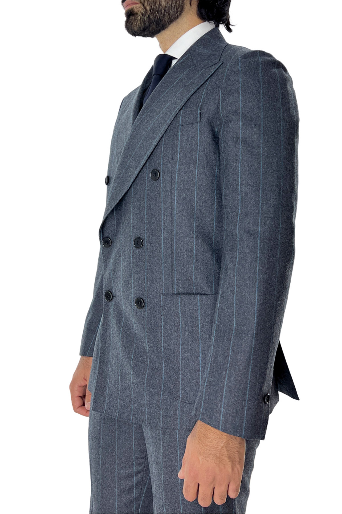 Abito uomo con giacca doppiopetto gessato grigio e pantalone slim fit tasca america in lana Vitale Barberis Canonico