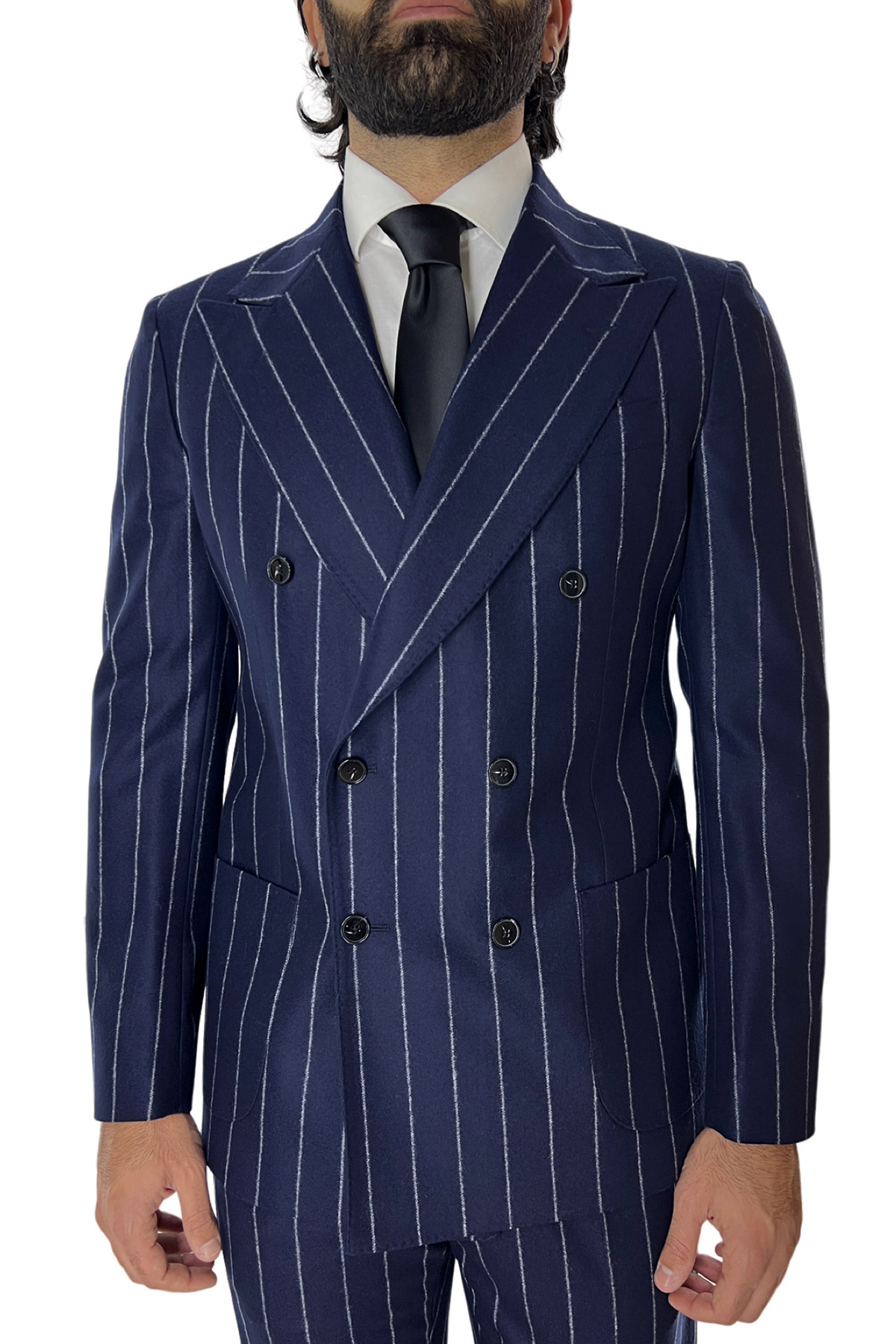 Abito uomo blu con giacca doppiopetto Gessata grigia in lana Flanella e pantalone doppia pinces Vitale Barberis Canonico