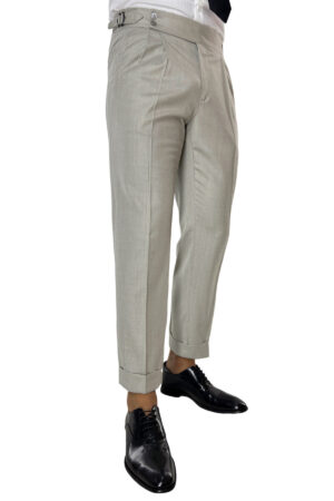 Pantalone uomo beige vita alta tasca america in lana flanella con pinces e fibbie laterali Vitale Barberis Canonico