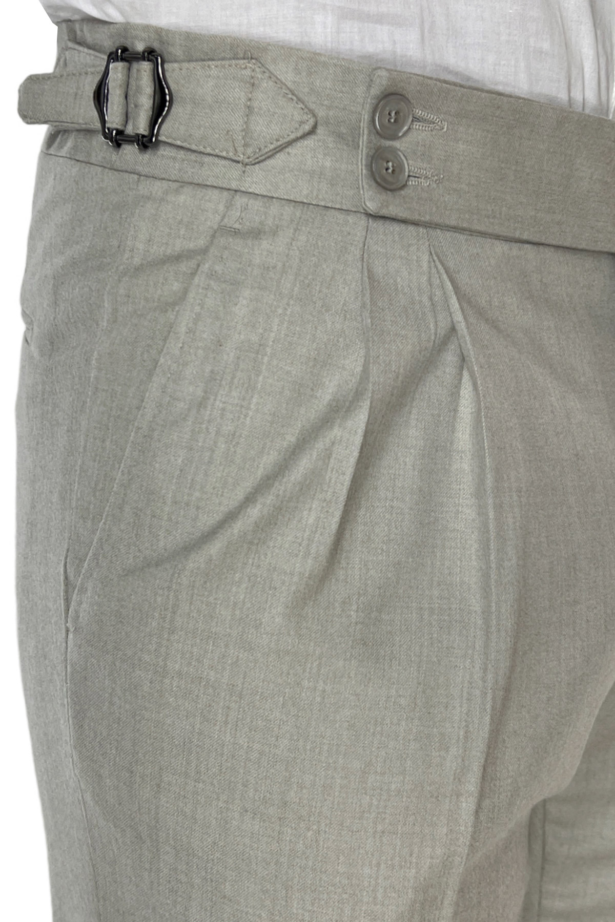 Pantalone uomo beige vita alta tasca america in lana flanella con pinces e fibbie laterali Vitale Barberis Canonico