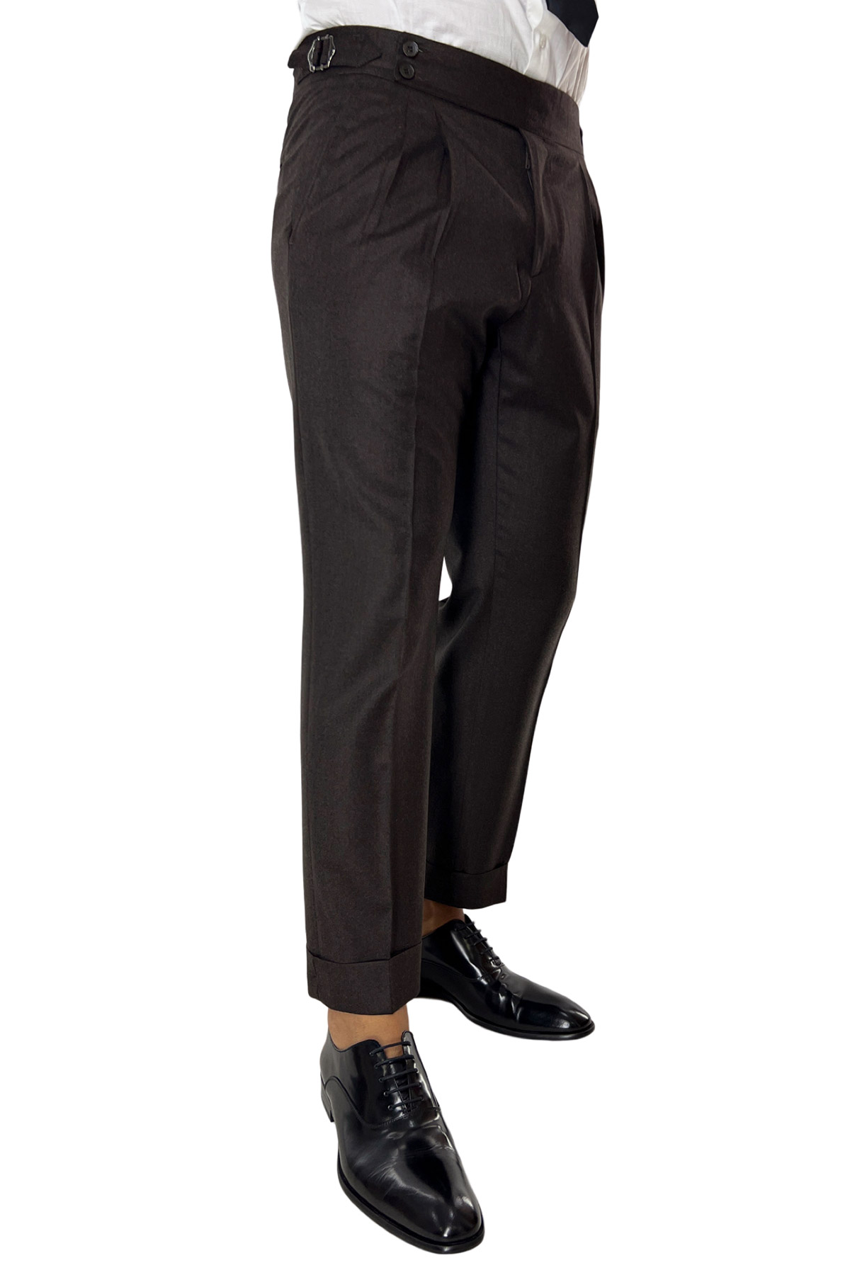 Pantalone uomo marrone vita alta tasca america in lana flanella con pinces e fibbie laterali Vitale Barberis Canonico