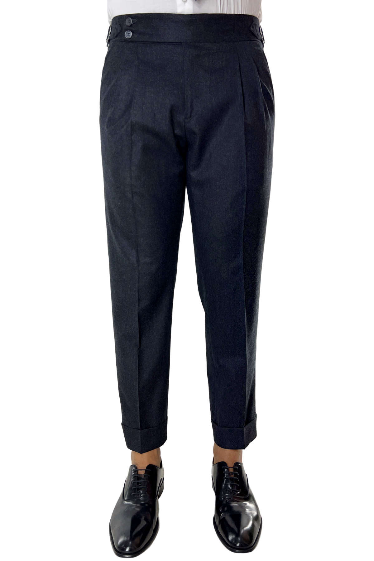 Pantalone uomo grigio scuro vita alta tasca america in lana flanella con pinces e fibbie laterali Vitale Barberis Canonico