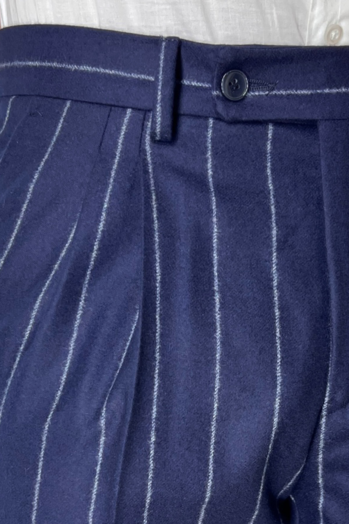 Pantalone uomo blu gessato grigio vita alta tasca america in lana flanella con doppia pinces Vitale Barberis Canonico