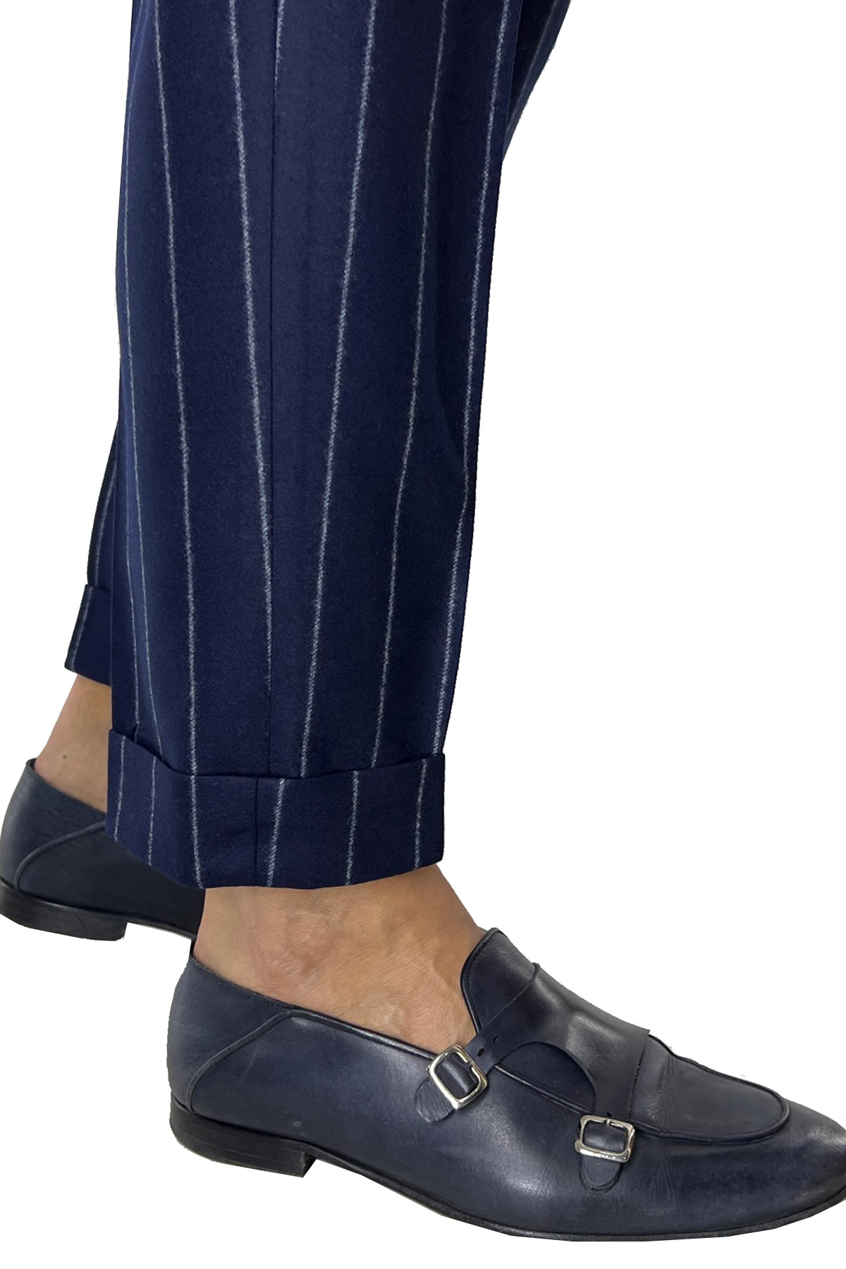 Pantalone uomo blu gessato grigio vita alta tasca america in lana flanella con doppia pinces Vitale Barberis Canonico