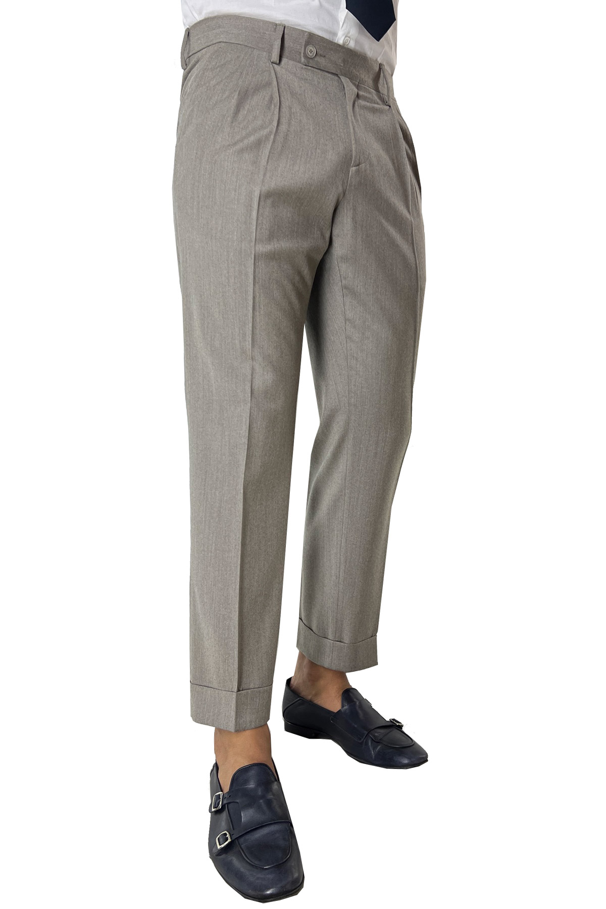 Pantalone uomo beige vita alta tasca america in lana flanella con doppia pinces