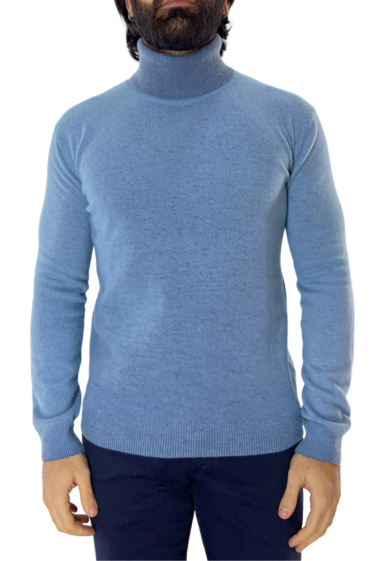 Maglione collo alto da uomo azzurro stone wash in lana made in italy tinta unita