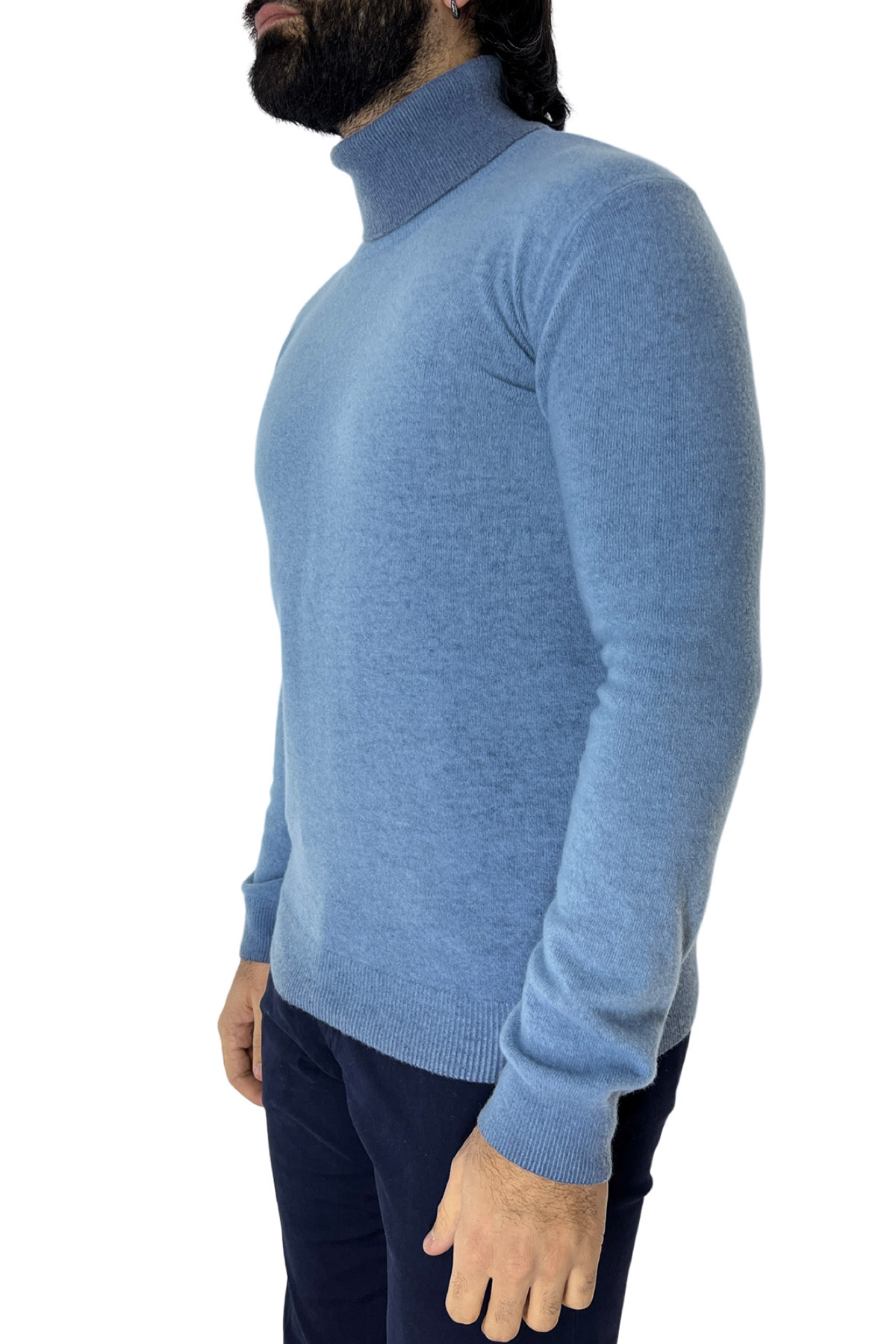 Maglione collo alto da uomo azzurro stone wash in lana made in italy tinta unita