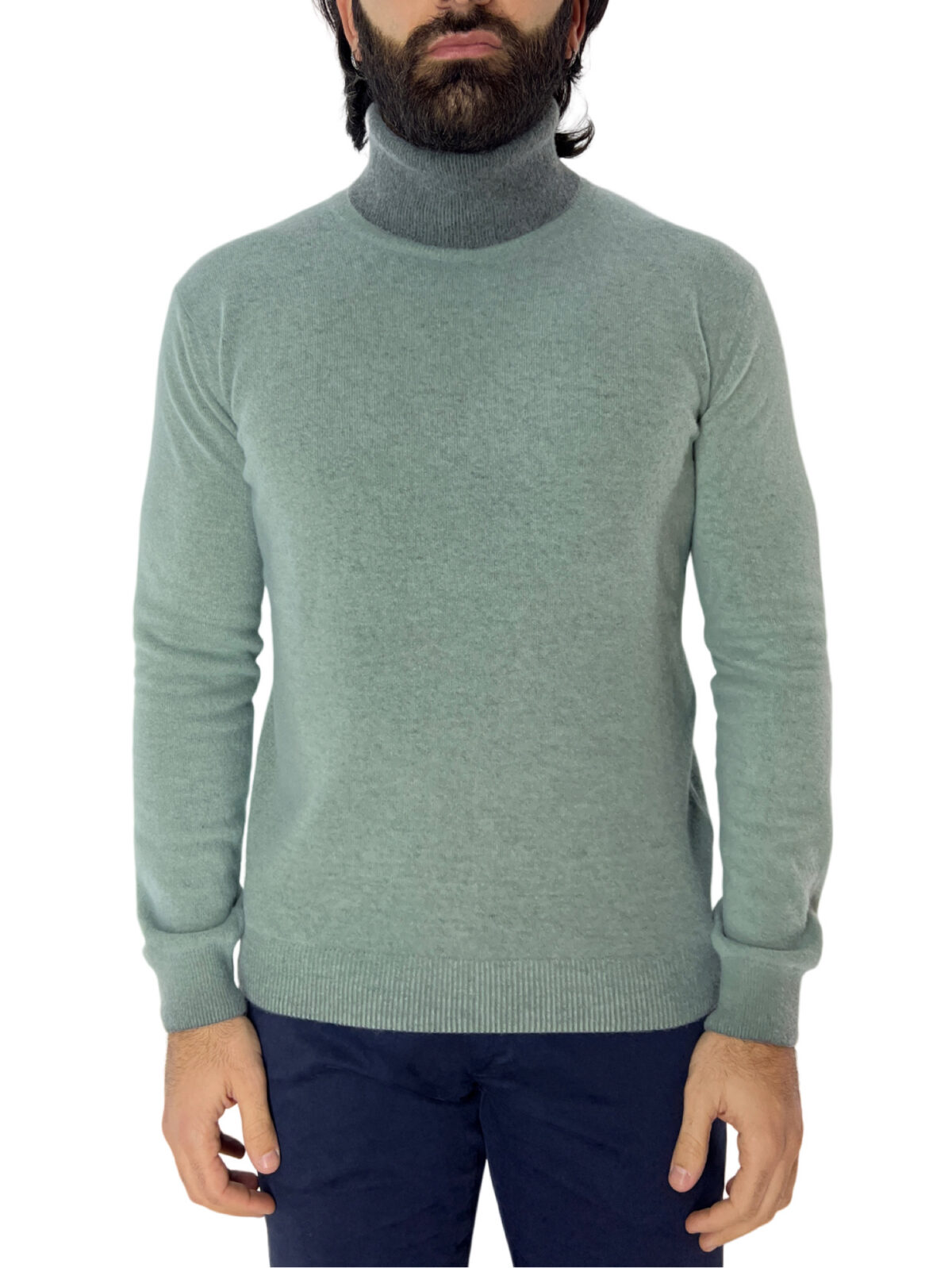 Maglione collo alto da uomo verde stone wash in lana made in italy tinta unita