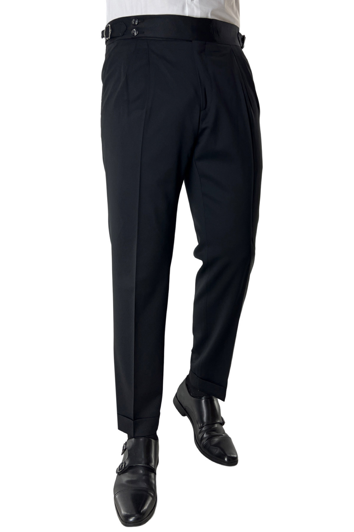 Pantalone uomo nero vita alta doppia pinces in fresco lana super 130's Vitale Barberis Canonico